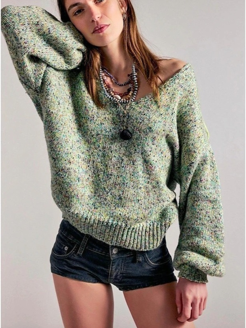 Free People Ellowen pullover Marled Sweater in Green Size Small NWT